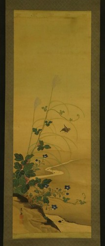 JAPANESE HANGING SCROLL ART Painting "Flower and Butterfly" #E7678