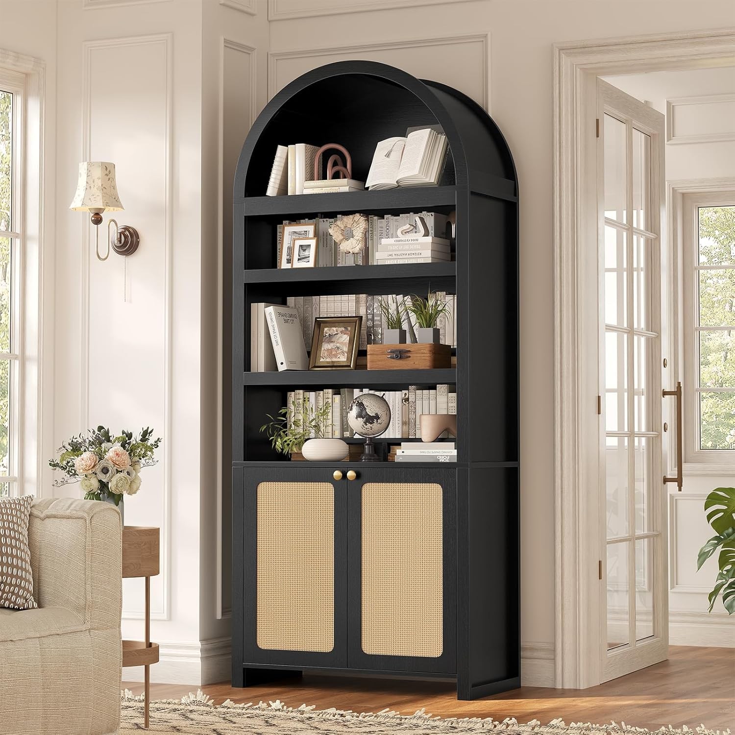 81-Inch Tall Bookcase with Storage, Mid-Century Modern Bookshelf, Arched Cabinet