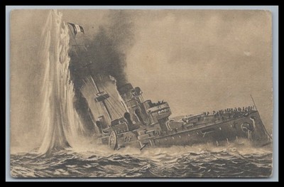 Ansichtskarte Ital. Panzerkreuzer Garibaldi durch ein U-Boot torpediert - 1915