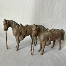 Matched Pair Vintage Cast Metal Horse Figurines 4 Tall - Western Saddles