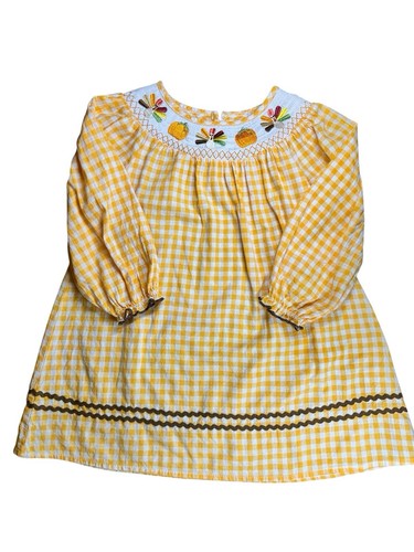 Toddler Girl Smocked Thanksgiving Turkey Pumpkin Yellow Checked Dress Size 4T - Picture 2 of 13