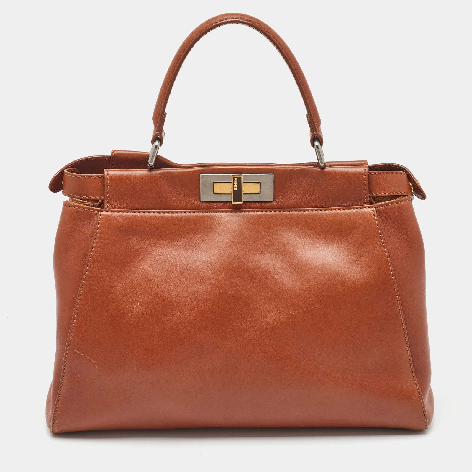 Fendi Brown Leather Medium Peekaboo Top Handle Bag