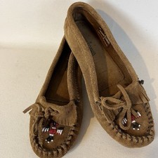 Minnetonka Thunderbird Moc Suede Moccasins Sz 8 Beaded Brown Slip On Slipper