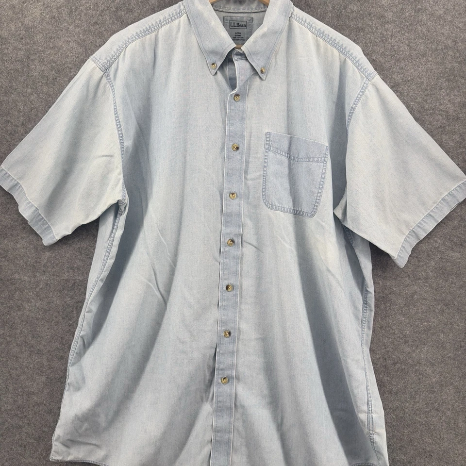 LL Bean Chambray Shirt Mens XLT Light Blue Short Sleeve Button Down Outdoors - Image 3 of 4