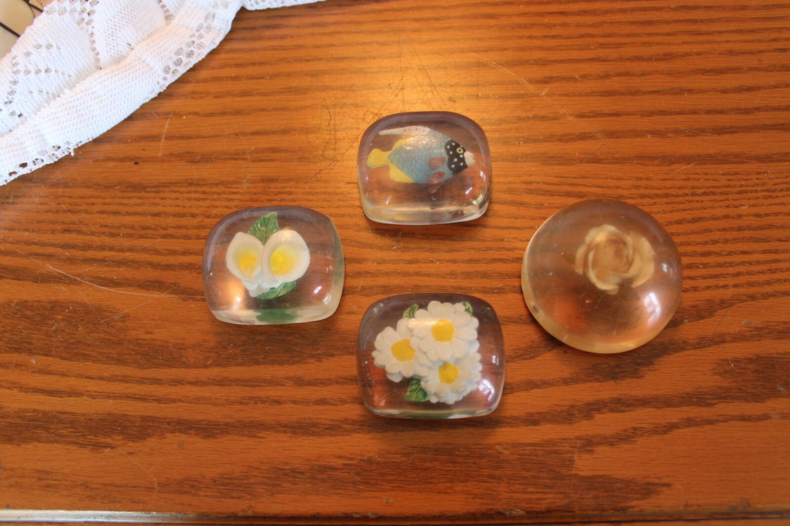 Lucite Acrylic Vintage Paperweight Set Of 4 Fish & Floral Designs eBay