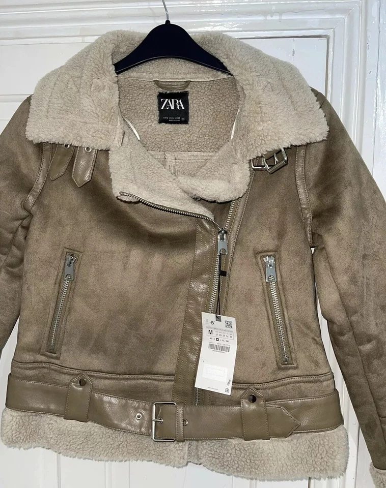 ZARA BEIGE FAUX SUEDE BIKER DOUBLE-FACED BIKER JACKET SIZE M BNWT - Image 4 of 4