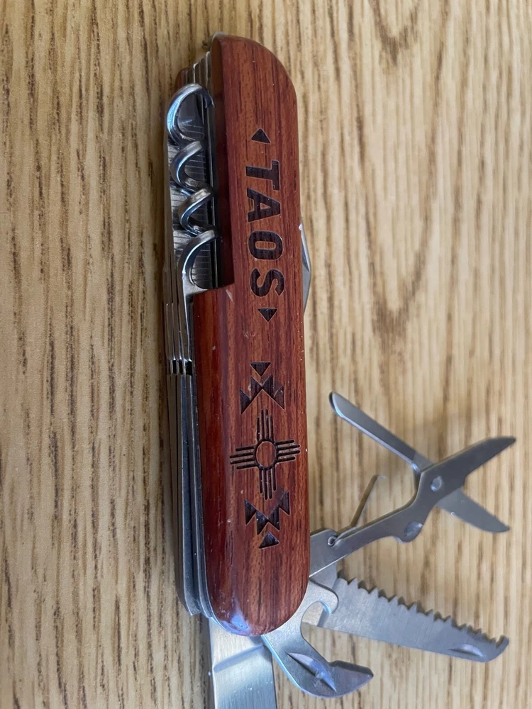 Multi-tool Pocketknife Gone Huntin and Taos Engraved on Wood Handle 9 Blades