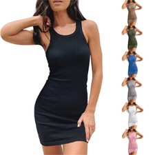 Womens Ribbed Scoop Neck Sleeveless Tank Dresses Basic Bodycon Mini Dress