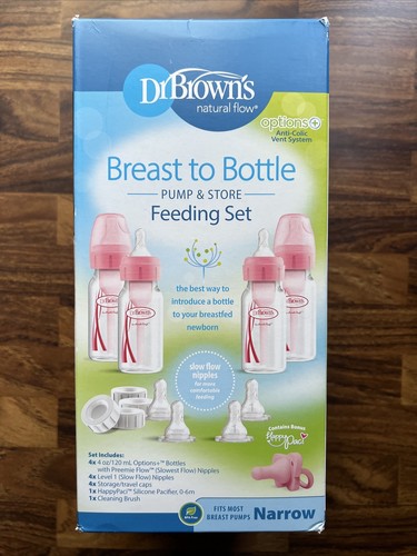 Dr. Brown's Breast To Bottle Pump & Store Feeding Set 4 Pink 4oz Bottles 0m+