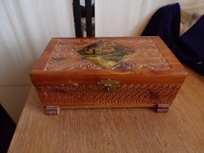 Vtg Hand Carved Cedar Brown Wood Treasure Box w/Cottage Mural Hinged Lid Footed
