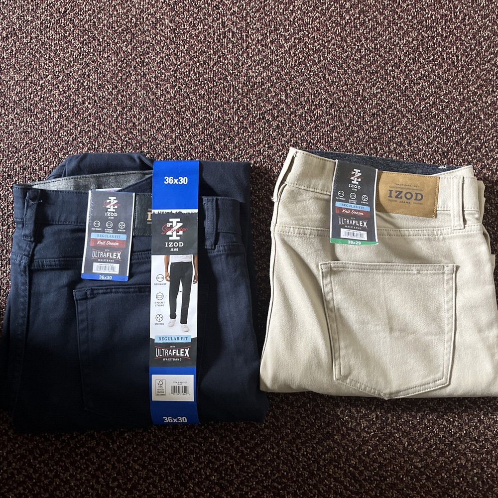 IZOD Ultraflex Regular Fit Knit Denim Stretch 5 Pocket Jeans Tan&Blue,GREEN NWT