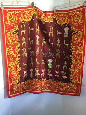 Atelier Versace Square 100% Silk Scarf 35  Chairs Print Red Gold Scrolls Logo