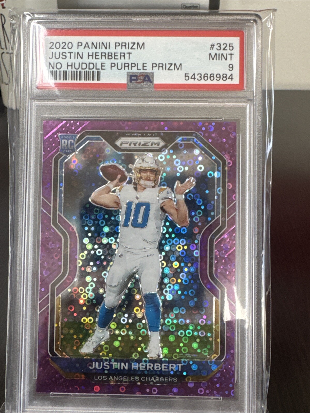 Justin Herbert #325 2020 PSA 9 Prizm No Huddle Purple RC /35 Chargers
