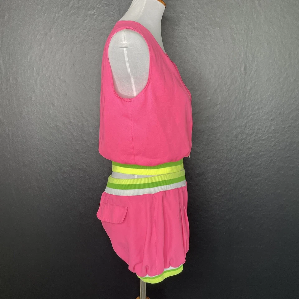 Mujer Y2k Conjunto Corto 2 Piezas Mediano Rosa Neón Acanalado Sin Mangas Top Plisado Foto 3 de 4