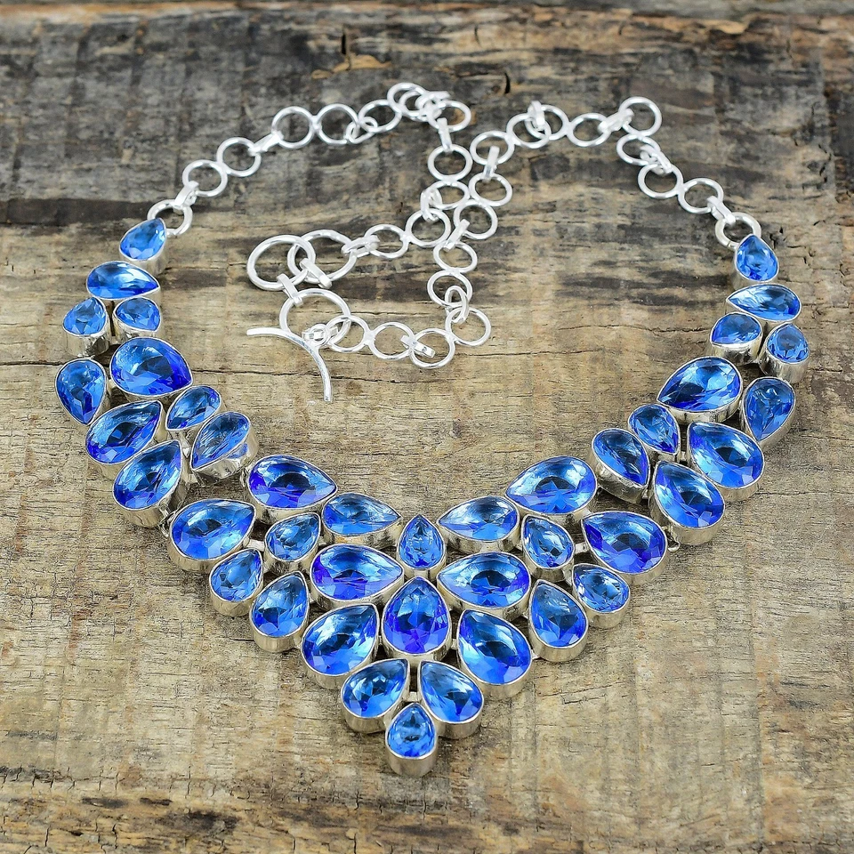 Collana In Topazio Blu In Argento Sterlingo 925 Gioiello Fatta A Mano Regalo - Immagine 3 di 4
