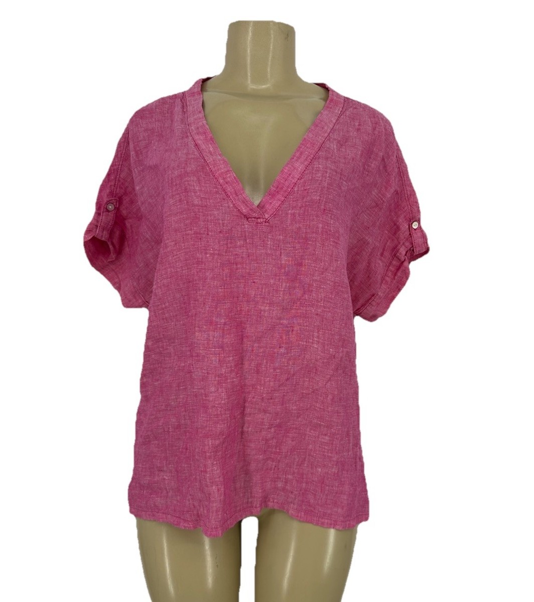 Isaac Mizrahi New York Medium Women Top Short Sl 100% Linen V-neck