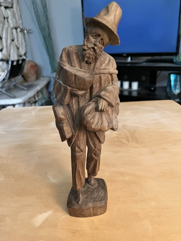 Vintage Hand Carved Wooden Man Figurine 10” Alpine Folk Art Sculpture Good Cond