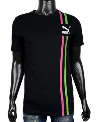 Puma Herren T-Shirt S Schwarz Logo Bunte Streifen Sport Freizeit Original