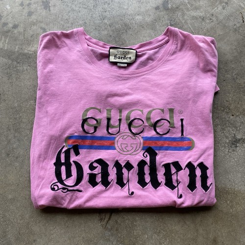 RARE HTF GUCCI GARDEN Vintage Pink Embroidered T-shirt Tee Logo Cotton M $650