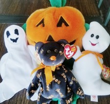 Halloween Lot of 4 Plush TY Beanie Baby & Buddy Spooky, Ghost Pumpkin Bear Boo!