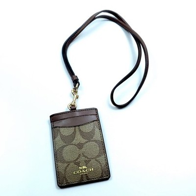 Coach Signature Canvas ID Case Lanyard Brown Tan Card Holder Keychain New