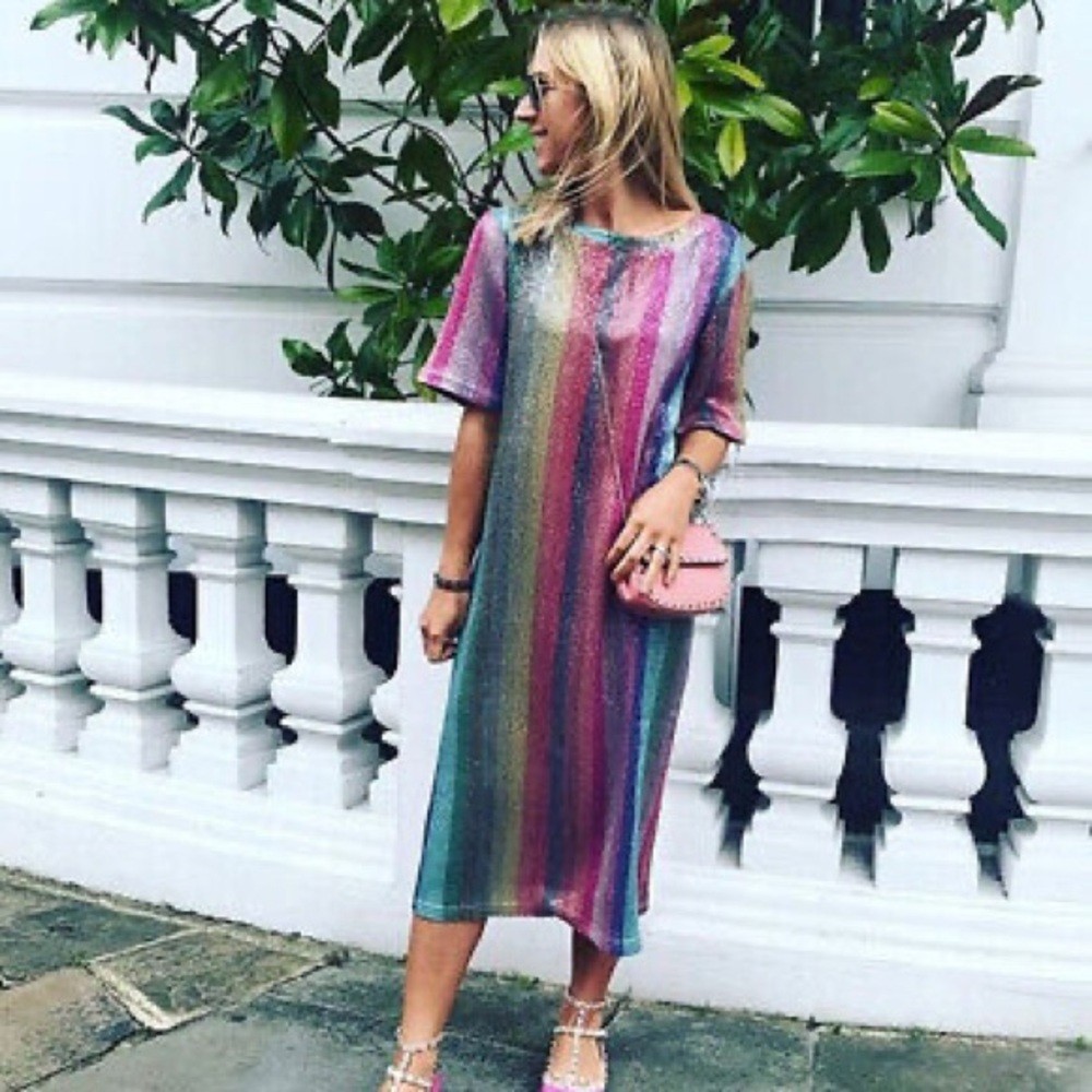 zara rainbow sequin dress Zara / NWT Rainbow Stripe Sparkly Sequin Midi Dress Bloggers Fav