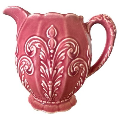 Antique Fleur-de-Lis Majolica Motif Embossed Pitcher Dusty Rose Pink Art Nouveau