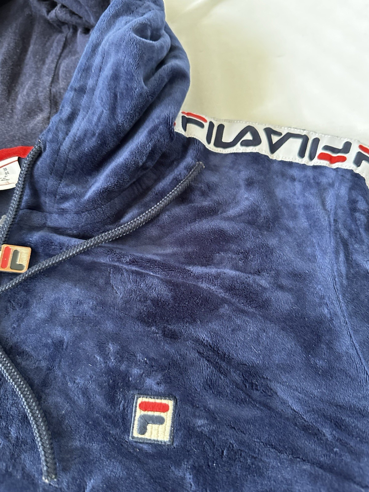 Retro Fila Velour Felpa con Cappuccio Blu Medio Maniche Nastro Vintage Borg Tuta Giacca