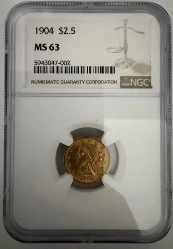 1904 $2.50 Liberty Head Gold Quarter Eagle Coin, NGC MS 63