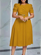 Women's Elegant Puff Short Sleeve Midi Dress - Pleated High Waist A-Line M