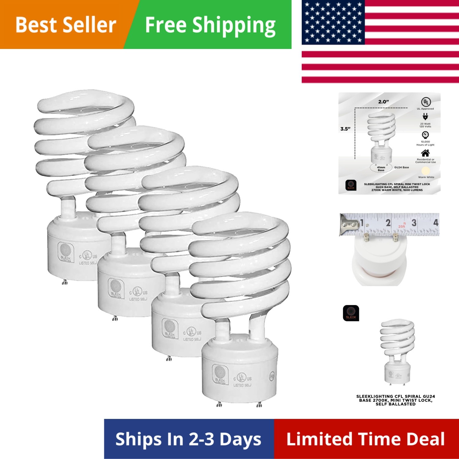 GU24 23Watt 2700K 1600lm 2 Prong Light Bulbs-  approved-120v 60Hz - Mini Twis...