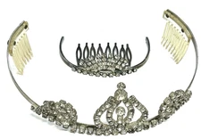 2 VINTAGE CLEAR GLASS RHINESTONE TIARA CROWN HAIR COMBS SILVER METAL