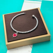 925 Sterling Silver Red Heart-Shaped Beaded Bracelet