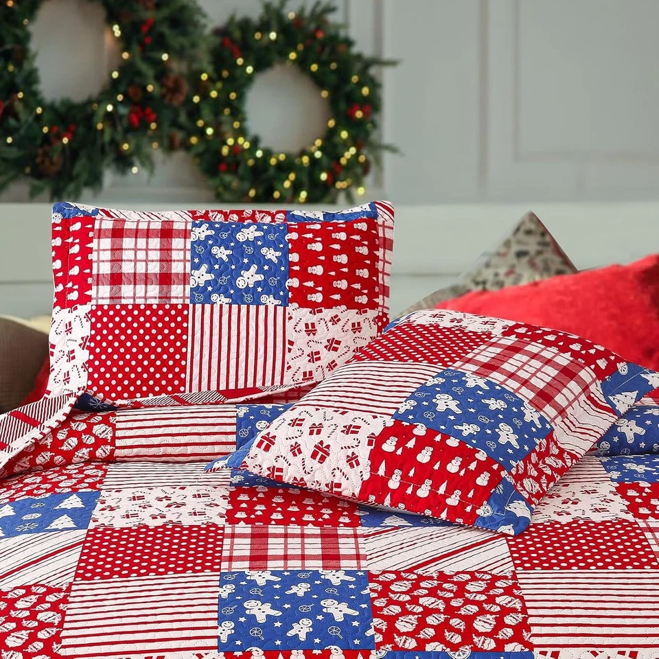 Christmas Bedding Quilts Set King Size Reversible Xmas Bedspread Red Plaid Be... - Image 3 of 4