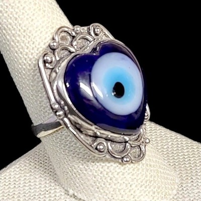 Chunky Turkish Blue Evil Eye Silver Tone Lucky Statement Ring Size 9.25