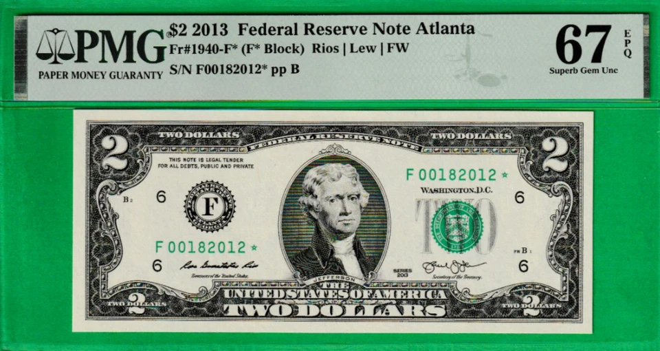 $2   Federal Reserve Note STAR ⭐ PMG 67 BIRTH YEAR  Serial Number  ""2012*" - Image 2 of 3