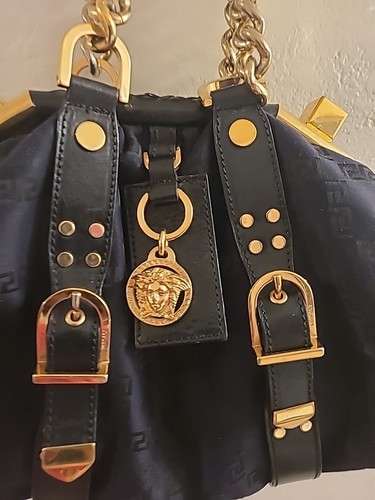 VERSACE BORSA AUTHENTIC Satchel Handbag Black Leather & Cloth Gold Hardware - Picture 23 of 23