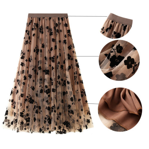 Women Layered Pleated Maxi Long Dress Elastic High Waist Floral Tulle Mesh Skirt - Picture 2 of 22