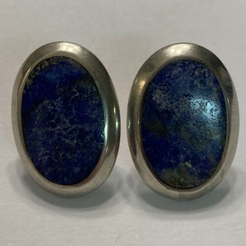 VINTAGE STERLING SILVER BLUE STONE SODALITE? EARRINGS OVAL 7/8” - Bild 2 von 3