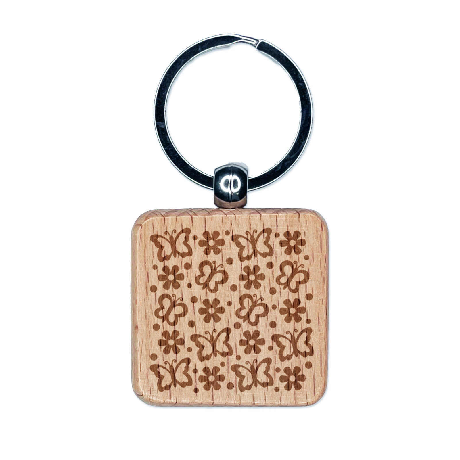 Butterflies and Flowers Engraved Wood Square Keychain Tag Charm
