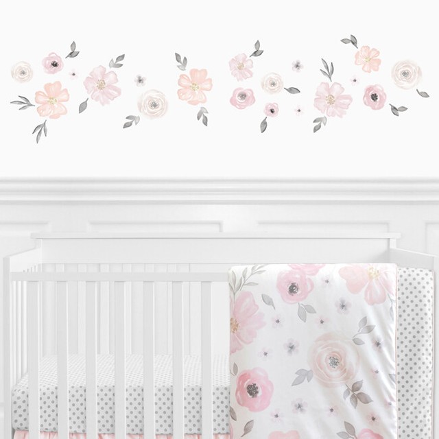 Pink Grey Watercolor Floral Flower Wall Decal Stickers Art Decor By Sweet Jojo For Sale Online | Ebay