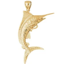 New 14k Yellow Gold 3D Marlin Fish Pendant