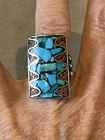 Vintage Southwest Sterling Silver Turquoise Coral Mosaic Inlay Ring Size 7.25
