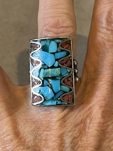 Vintage Southwest Sterling Silver Turquoise Coral Mosaic Inlay Ring Size 7.25