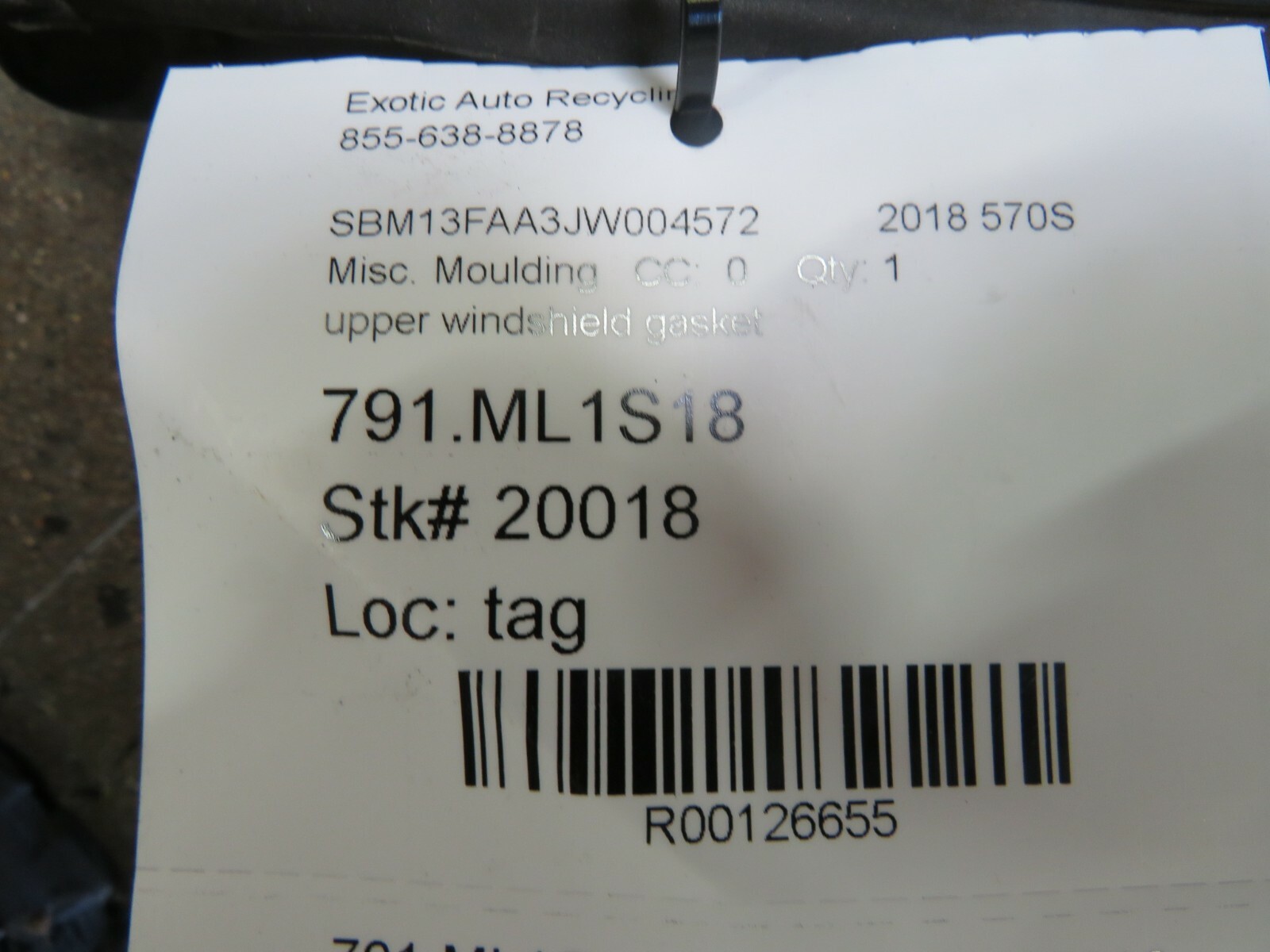 McLaren 570S, Upper Windshield Gasket Moulding, Used