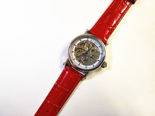 Fashion Double Skeleton Red Leather Seagull M182SK Movement Blue Hand Auto Watch