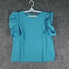 Shein Women Sz M Blouse Blue NWOT Short Sleeve Flutter Top Round Neck Casual