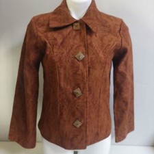 Painted Pony Brown Jacket Size S Vintage Wood Buttons Floral Leaf Pattern Lined