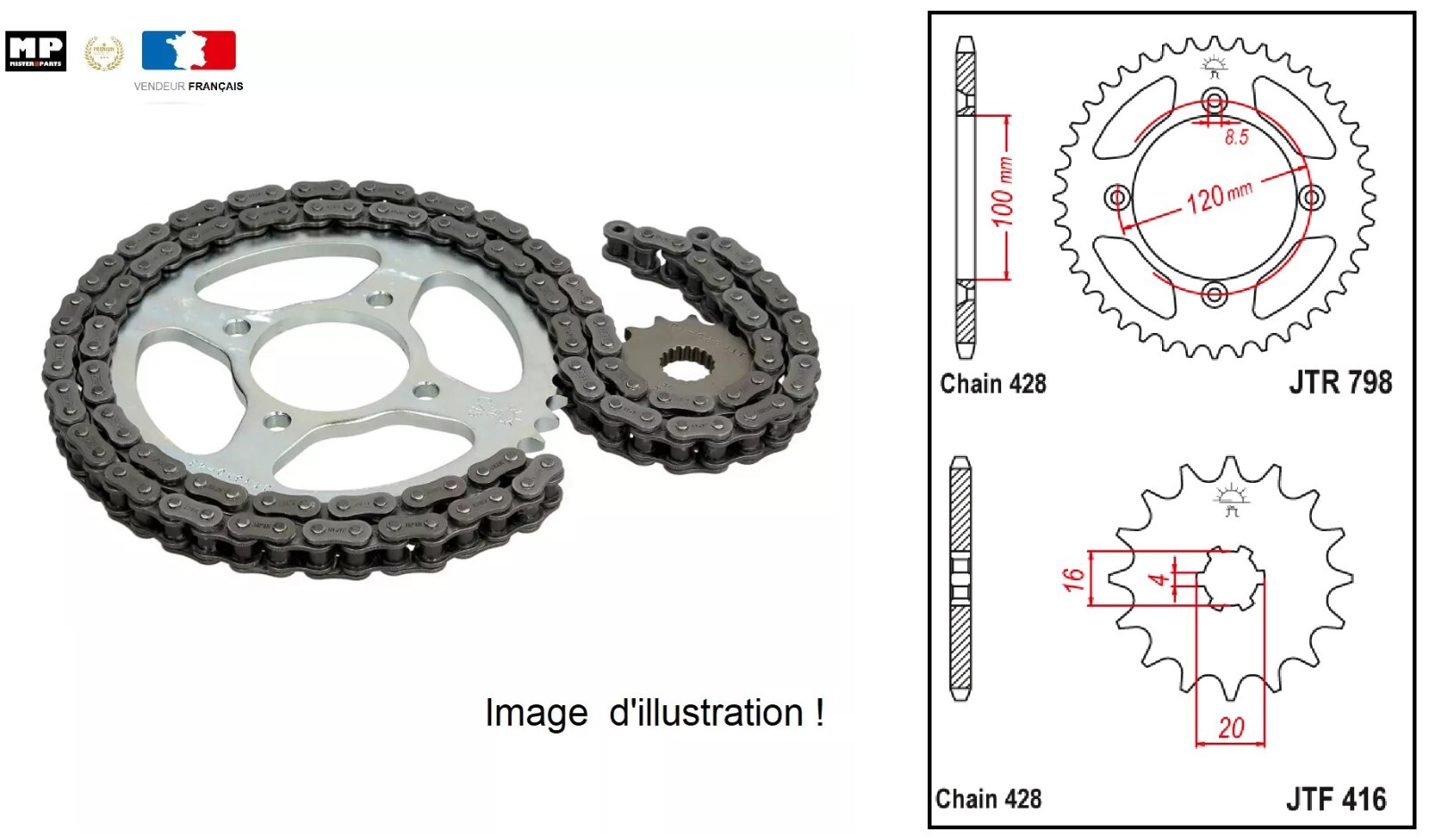 Kit chaine Suzuki RM 85 petites roues pignon couronne moto cross