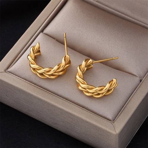 Women Retro Jewelry 18K Gold Plated Stainless Steel Braided Rope Stud Earrings